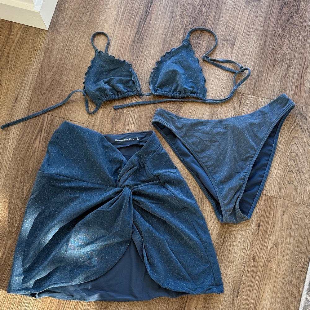 Abercrombie & Fitch Dark Navy Glitter Triangle Bikini Set with Skirt Cover